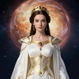 portrait of the powerful empress of the solar system in the style of anna dittmann and in the style of mandy jurgens. glowing, ornate and intricate linework, stunning, dynamic lighting, ultrafine and hyperdetailed.