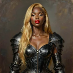 warrior portrait, mulatto, crossbreeding, beautiful face, beautiful features, red lips, long golden hair, black closed leather dress, leather armor, iron armor, alexander mcqueen clothing, very beautiful style, realism, oil, painting, edgard mcsons,