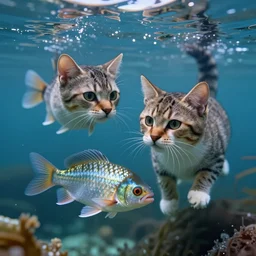 a cat and a fish swimming together under water, photorealistic, very detailed, beautiful lighting, 4k