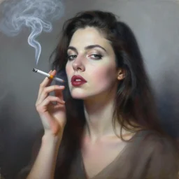 a painting of a woman smoking a cigarette, an airbrush painting by marco mazzoni, featured on cgsociety, pop surrealism, airbrush art, smokey background, made of mist