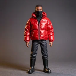 a action figure figure of kanye west using a full face covering black mask, a small, tight, undersized reflective bright red round puffer jacket made of nylon, dark jeans pants and big black balenciaga rubber boots, figurine, detailed product photo