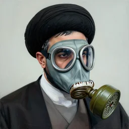 detailed 6 0 0 mm realistic photography of iranian ayatollah wear gas mask, nuances of the human face and subtle shifts in tonal value, silhouette composition, neutral, cool - toned palette, fluid patterns, powerful composition, opaque paints, grid element.