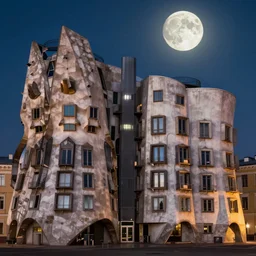 high quality photo of biomorphic architecture with brutalist buildings in Saint Petersburg at night with a full moon cinematic lighting