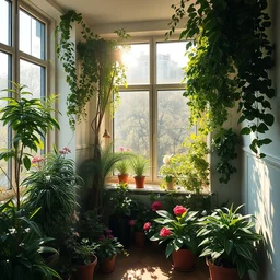 sunny room in an apartment overgrowing with plants and vegetation, afternoon sun, highly detailed, trees, flowers, by moebius