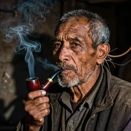 hyper realistic color photo, portrait of a single weathered old man smoking pipe, cables and fibres emerge from his mouth and ears, dramatic shadow!!, full colour, upscale, 8 k, masterpiece