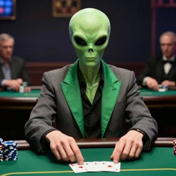 alien sitting on bill gate's shoulder in a poker match