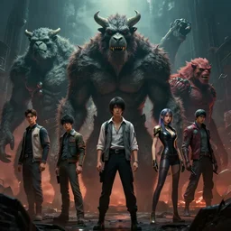 large monsters, cinematic lighting, dramatic atmosphere, by Dustin Nguyen, Akihiko Yoshida, Greg Tocchini, Greg Rutkowski, Cliff Chiang, 4k resolution, trending on artstation