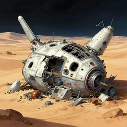 inside the wreckage of a crashed spacecraft that has been stripped of parts, on a desert planet, from a space themed point and click 2 d graphic adventure game, art inspired by thomas kinkade