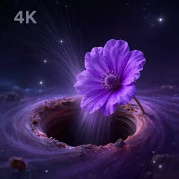 a beautiful colorful photograph of a purple flower getting sucked into the black hole, strong pull, 4k, breathtaking stars, space background, surrealism, concept art, Trending on artstation