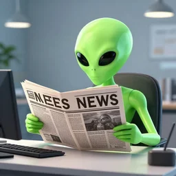 alien newsreader sitting at a desk reading the news, 4K, high octane