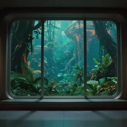 a luxury apartment with large windows, 1 9 8 0 s science fiction, windows overlooking a lush alien teal and orange jungle landscape, sci - fi film still, screenshot from a science fiction movie, ridley scott,