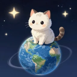 A fuzzy little cat sitting on planet earth, space with stars in the background, extra detailed, digital illustration, by Makoto Shinkai and thomas kinkade, digital painting, Matte painting, trending on artstation and unreal engine, in the style of Calvin and Hobbes