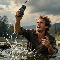 cell phone being thrown into a pond by an angry man realistic photo