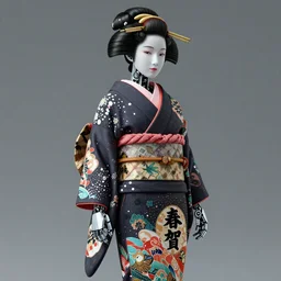 full body portrait of a Japanese robot geisha with kanji tattoos and decals wearing a digital pixelated kimono, intricate design, photorealistic, arnold render, raytraced, ultra fine detailed, character design, trending on artstation