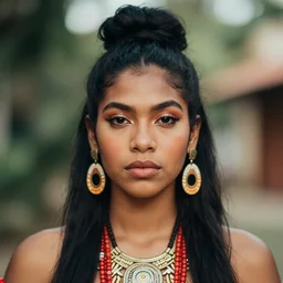 beautiful female portrait, taino, rule of thirds, ( ( head shot ) ) haze, intricate, neo classic, 5 0 mm, sony, puerto rico, symmetrial, makeup, sephora, octane render, vouge, national geographic, maybelline, model, gorgeous, traditional, film grain, vsco, bokeh, 8 k, unreal engine