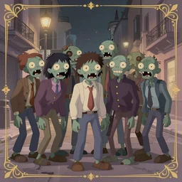 a group of zombies hanging out in the streets of Buenos aires at night, muted colors, matte print, pastel colors, ornate, digital art, cute smile, digital painting, fan art, elegant, pixiv, by Ilya Kuvshinov, by Studio Ghibli