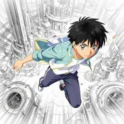 high angle shot of a young anime boy energetically flying in the air, an ultrafine hyperdetailed illustration by loish!!!, makoto shinkai, intricate linework, action lines, global illumination, intricate sci fi environment, soft lighting, trending on art station.