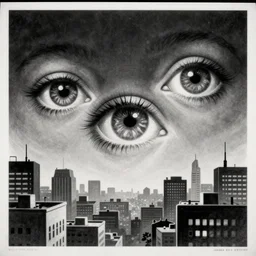 a drawing of three realistic eyes floating over a city, black and white, vintage poster, film grain