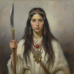 portrait a female shaman goddess warrior, oil on canvas, by jeffrey catherine jones and winslow homer