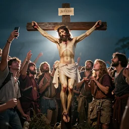jesus christ taking a selfie with his fans on the day he was crucified, portrait, full shot, rim light, photography,