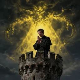 A frightened young, thin and stern catholic priest in his thirties fervently praying as he is about to die from the ominous terrifying Lovecraftian yellow shadow descending upon him from the night sky. He is at the top of a medieval tower. Low angle, dramatic lighting. Art by Greg Rutkowski and Alphonse Mucha but as a photograph