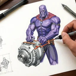thanos building a tension belt for a van alternator from a blueprint, 4 k, lomography, gellyroll gelpens, concept art, moebius, bryce 3. 3 3 4 th 3 d