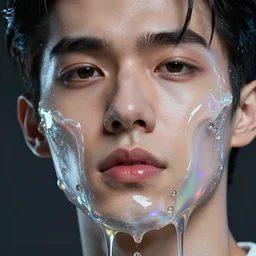 3 d extreme close up of gorgeous hyperrealistic male face melts like iridescent ice cream, digital art masterpiece, highly detailed neo pop surrealism, jason limon kay sage hannah yata, dramatic lighting, low angle, uhd 8 k, sharp focus