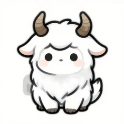 sympathetic fantasy creature with fluffy white fur coat, drooping ears, and cute little horns. Vector art, svg. Cartoon character concept.