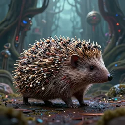 intricate hedgehog with optic fibers growing out of it's back, on the background of a weird magical mechanical forest. Very detailed 8k. Fantasy cyberpunk horror. Sharp. Cinematic post-processing. Unreal engine. Nanite. Ray tracing. Parallax. Tessellation