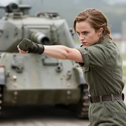 a photograph of emma watson punching a german tiger tank