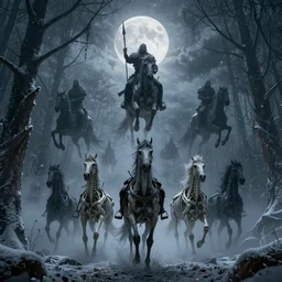 the wild hunt, wraiths, otherworldly spectres riding in the sky, armored skeleton horses, bad omen, enchanted forest, blizzard storm, fog, mystical full moon, twilight, snowy environment, calm before the storm, in the style of the witcher series, hyperrealism, atmospheric, cinematic, enigmatic, breathtaking, award winning, groundbreaking, octane render, unreal 5, intricate digital art, sharp focus, 8 k