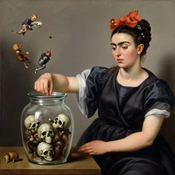 a painting of pandora opening her jar, releasing critters that impersonate sickness and death by artemisia gentileschi and frida kahlo