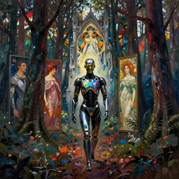 a cyborg in mantle walking in a forest, refracted lighting, art by collier, albert aublet, krenz cushart, artem demura, alphonse mucha, eo - gothic, gothic, rich deep colors. beksinski painting, francis bacon, masterptiese