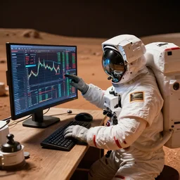 dslr photograph of an astronaut, buying stocks from the stock market, using a futuristic computer, on the surface of mars, detailed, 4 k 8 5 mm f 1. 8