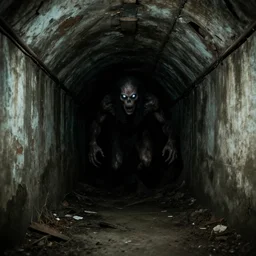 creature lurking in the shadows with glowing eyes, underground subway tunnel, dilapidated, ruins, dirty, scary, horror vibes, matte painting, flash photography, low angle photo