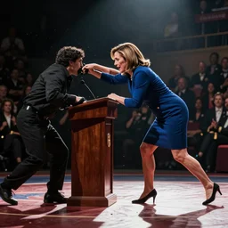 Nancy Pelosi wrestling her podium away from a rioter