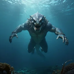 a beautiful hyperrealistic hyperdetailed fantasy portrait underwater of a epic swimming monster, at a distance, 8 k, cryengine, arms reaching out toward camera, full body pose, facing camera, golden ratio composition, like from pirates of the caribbean or elden ring, lovecraft