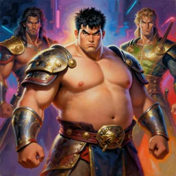attractive beefy male with armor, asian style, character design, colorful, neon lights, painting by gaston bussiere, craig mullins, j. c. leyendecker, tom of finland