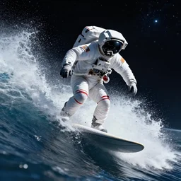 a photo of an astronaut surfing a surfboard on a wave of stardust in space