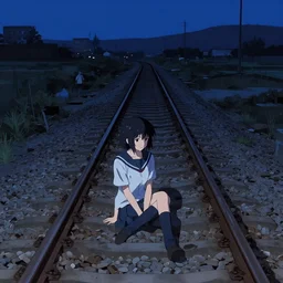 japanese girl with short black hair, she sits on an abandoned railway track, at midnight, clear sky, view from above, digital concept art illustration by akihiko yoshida and jean - baptiste monge and makoto shinkai and wlop and wadim kashin, 4 k artstation