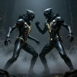 two horrifying monsters fighting, wearing tight suits made of shiny black leather and ivory ornaments, dark sci - fi horror, darksynth, cyberpunk, dark fantasy, cinematic lighting, illuminated lines, smooth, high detail, ominous, unreal engine, by vitaly bulgarov artstation, fog volumes, misty, amazing depth, cgsociety, 8 k