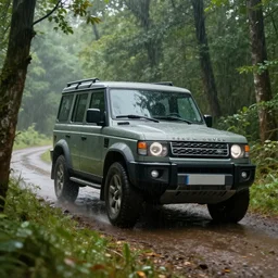 a landrover crossing the a forest path while its raining, digital art, artstation, photgraphy, highly detailed, digital painting, artstation, concept art, sharp focus, illustration, art by greg rutkowski and artgerm