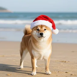 a shiba inu dog at the beach wearing a santa hat