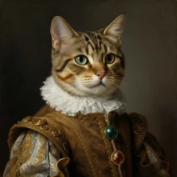 portrait of a cat wearing renaissance clothes. art by rubens, oilpainting, sharp focus, very detailed