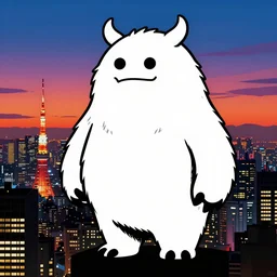 a white and black monster!!, tokyo city scape, colorful sunset!!, stencil art by tom whalen, artgerm, clean bold lines
