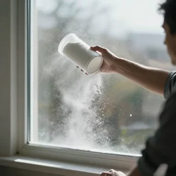 A man throwing an open cylinder of baking soda through a window with baking soda spraying everywhere inside, 4k, realistic, cinematic