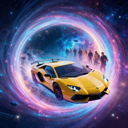 lamborghini style starship flying through a glowing wormhole, beautiful space background, technicolor, 4 k, super sharp, ludek pesek, rick guidice, chesley bonestell, lucien rudaux, rolf klep, fred freeman, george pal, highly detailed, artgerm, greg rutkowski, magali villeneuve