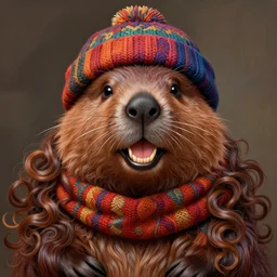 symmetry!! portrait of smiling beaver!! big teeth! wearing a colorful beanie!, scarf!, long curly hair intricate, elegant, highly detailed, digital painting, artstation, concept art, smooth, sharp focus, illustration, art by artgerm and greg rutkowski and alphonse mucha, 8 k
