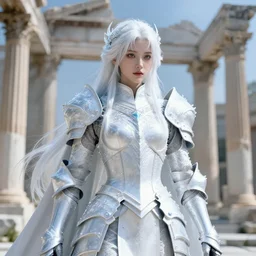 portrait white hair knights of zodiac girl, matt white ice color armor, in ruined agora of athens, ssci - fi and fantasy, intricate and very very beautiful and elegant, highly detailed, digital painting, artstation, concept art, frostbite engine, smooth and sharp focus, illustration, art by tian zi and wlop and alphonse mucha and ilya kuvshinov
