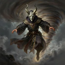 character concept art of wizard wearing horned mask flying inside a tornado, detailed hands, full body shot, fantasy painterly style, intricate details, artwork by ross tran, artgerm, eimbrodered clothing